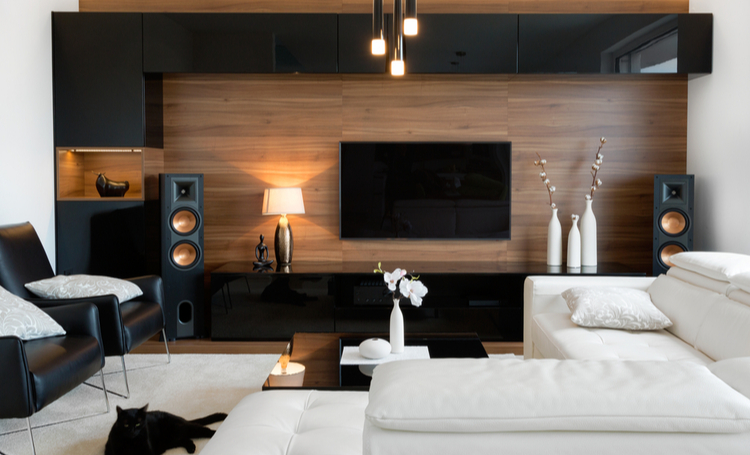 Sala de TV luxuosa com decoração preta e branca